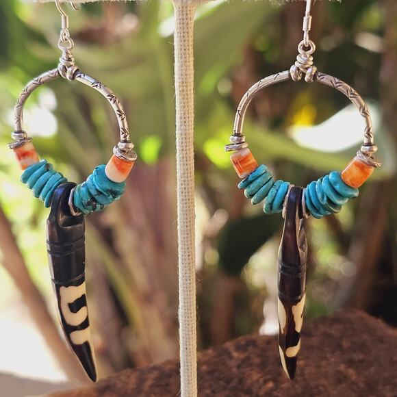 Turquoise Kenya Bone Spiny Oyster Sterling Artisan Teardrop Earrings - Picture 8 of 9